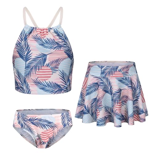 Lollisy Big Girls 3 Piece Swimsuits for Teen Girls Bikini Set with Skirt Hawaiian Bathing Suits Beach Swimwear Amazing Palm Leaves Size 16/7-16 Years