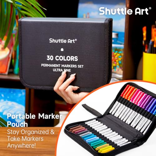 Image of Shuttle Art Permanent Markers, 30 Assorted Colors Ultra Fine Point Permanent Marker Packed in Travel Case, Ideal Colored Markers Set for Adults Coloring Doodling on Plastic, Glass, Gift for Teens