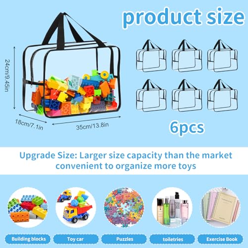 Dulynva 6er Aufbewahrungstaschen für Spielzeug 35 x 18 x 24cm Spielzeug Speicher Tasche mit Reißverschluss, PVC Transparente wasserdichte Aufbewahrung für Puzzle, Bausteine, Bücher