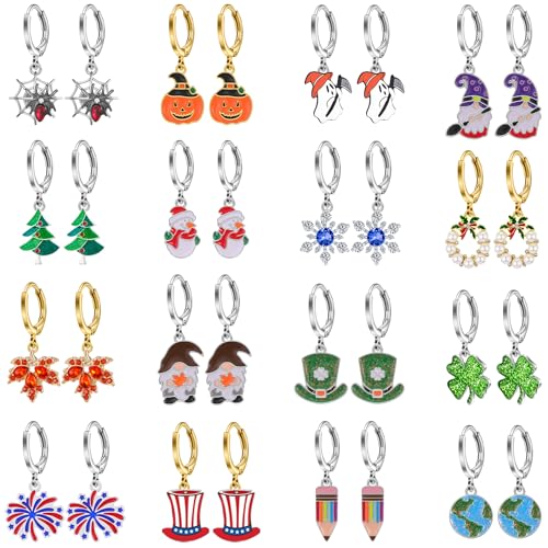 16 Pairs Hypoallergenic Holiday Small Hoop Dangle Earrings for Women Halloween Christmas Earrings for Girls Fall Thanksgiving Earring Teacher St. Patrick's Day 4th of July Earrings