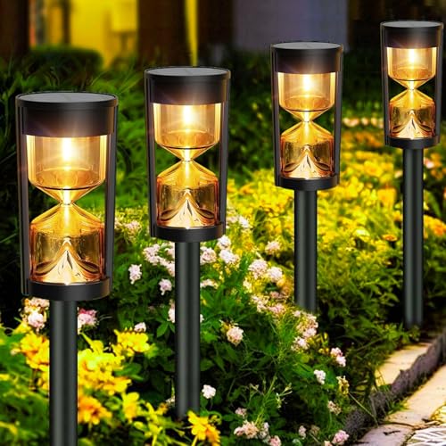 Luces Solares Led Exterior Jardin, Moman 4Pcs Luz Solar Exterior con Forma de Reloj de Arena Luz Cálida Impermeable 600mAh Auto ON/OFF para Caminos Patio Terreza, Lampara-Solares-Exterior-Jardín-Lu