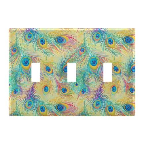 Light Switch Cover Rainbow Peacock Feathers Wall Plates for Electrical Outlets 3 Gang 202b7158