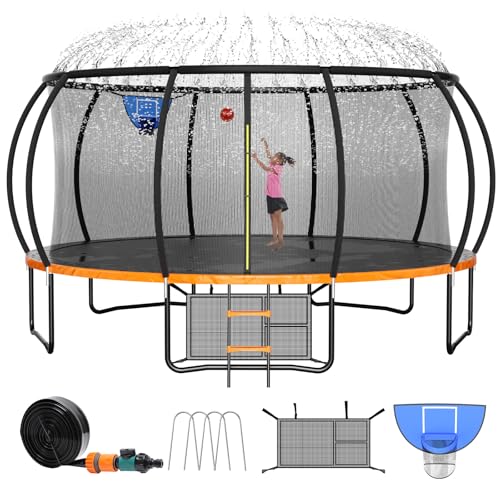 Zevemomo Upgraded 16FT Trampoline With Basketball Hoop and Sprinkler for Kids and Adults - ASTM Approval Large Outdoor, Orange