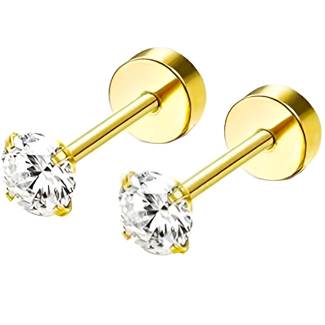 Stainless Steel Stud Earring 1 Pair Gold Flatback Earrings Hypoallergenic Screwback Jewellery Flat Back Helix Jewelry for Sensitive Ears Women Ladies Aretes De Mujer Zircon 4 mm
