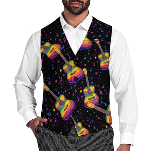 Guitar Colorful Musical Notes Men's Suit Vests Dress Vest V-Neck Waistcoat Slim Business Formal with Pocket