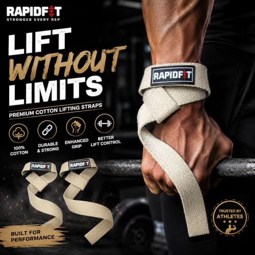 Image of Heavy Cotton Weight Lifting Straps 24 inch - Professional Non-Slip Lasso Wrist Support Straps with Padded 3.5mm Cuff | Gym Workout Straps for Deadlift, Powerlifting, CrossFit & Strength Training | Anti-Skid Grip Fitness Lifting Accessories (Beige colour)