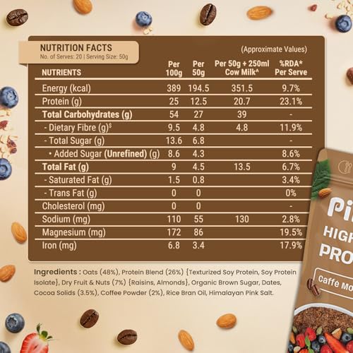 Image of PINTOLA 25g High Protein Oats 1kg, Caffe Mocha, No Refined Sugar, with Almonds & Raisins, High Fibre, Rolled Oats, Breakfast Cereals, Gluten Free (Pack of 3)