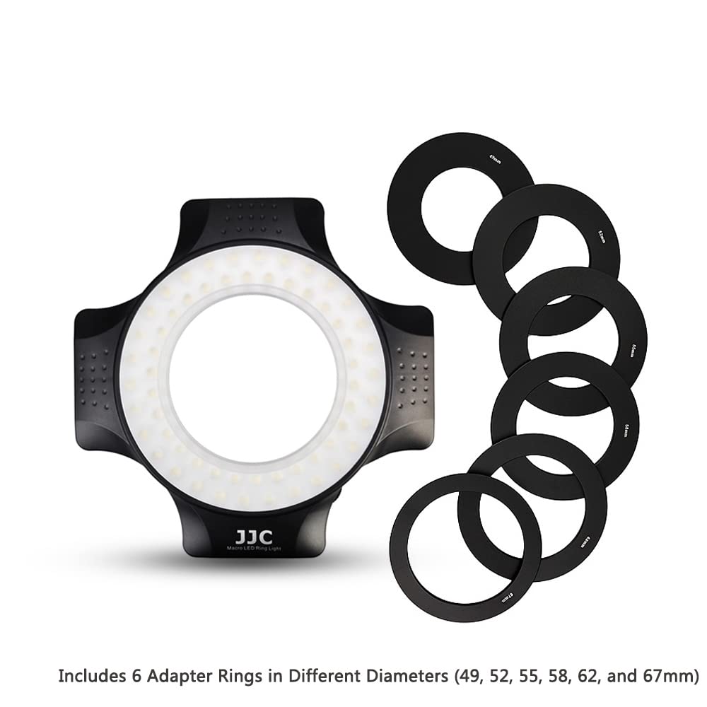 JJC Makro LED lampa pierścieniowa z 60 diodami LED o wysokiej intensywności, dyfuzor lampy błyskowej do obiektywu Canon Sony Nikon Olympus Fuji DSLR, 6 pierścieni dopasowania obiektywu - od 49 mm do