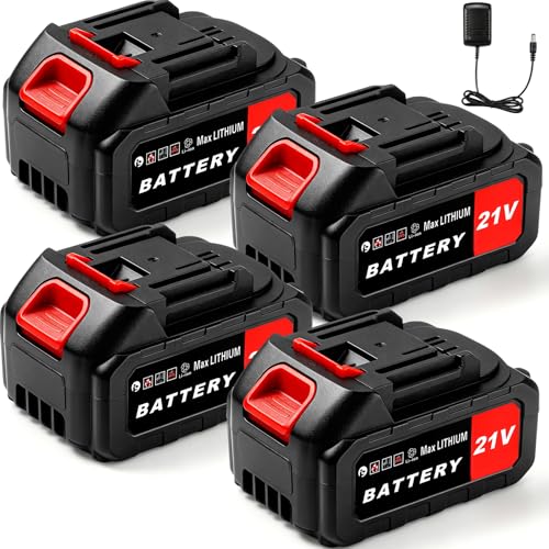 Grinsvalley 4 Pcs 21v Batteries Replacement 2400mah Lithium Battery for 18v 20v 21v Power Tools with a Charger Adapter Compatible with Mini Chainsaw Leaf Blower Weed Wacker Power Washer