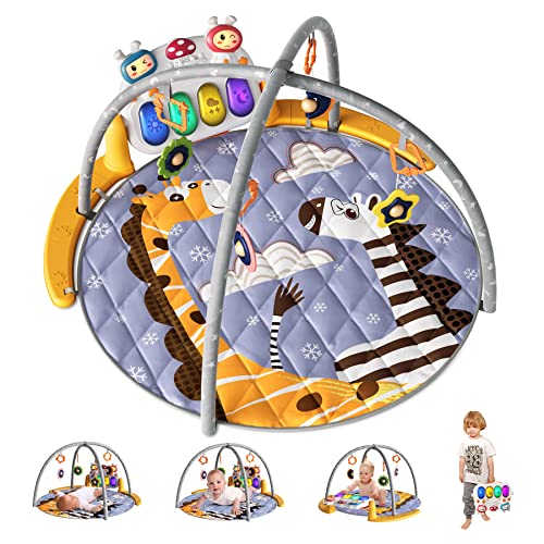 TUMAMA KIDS Play Gym Mat, Tummy Time Mat Control Remoto, Luces y música, Actividad Piano Playmats Juguetes sensoriales Bebés recién Nacidos, Giraffe Zebra, Multicolor (TM221)