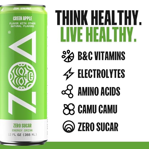 ZOA Zero Sugar Energy Drinks, Green Apple - Sugar Free with Electrolytes, Healthy Vitamin C, Amino Acids, Essential B-Vitamins, and Caffeine from Green Tea - 12 Fl Oz (12-Pack) image 3