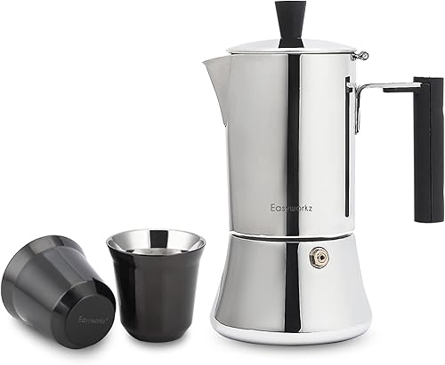 Easyworkz Pedro - Cafetera de café expreso de 10.1 fl oz, paquete con taza de café expreso de acero inoxidable, juego de 2 tazas de metal con
