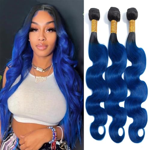 Cklikeb Human Hair Bundles T1B/Blue Color Body Wave Bundles Unprocessed Brazilian Virgin 14 16 18 Inch 3 Bundles Quick Weave Human Hair Extensions (T1B/Blue Body Wave, 14 16 18)