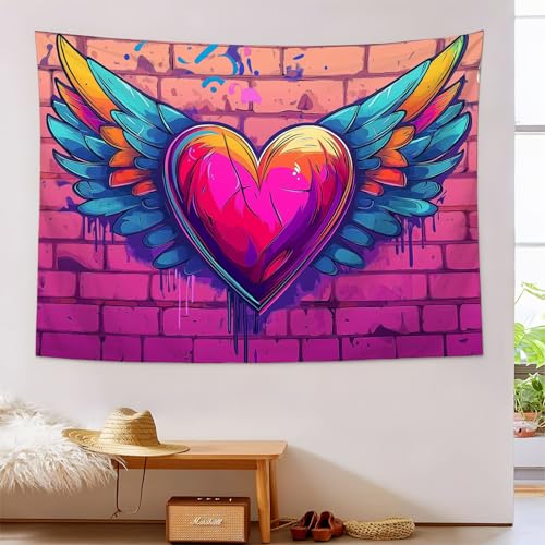 Tapiz Amor al grafiti de 150x230cm para decorar la pared del dormitorio en tonos rosa y morado