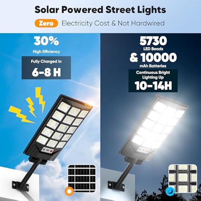 Solar Street Lights Outdoor Waterproof, 30000LM 6500K LED Motion Sensor Lights, Solar Flood Lights with Remote, Dusk to Dawn Solar-Powered Parking Lot Light, Commercial Area Lighting for Yard, 2-Pack