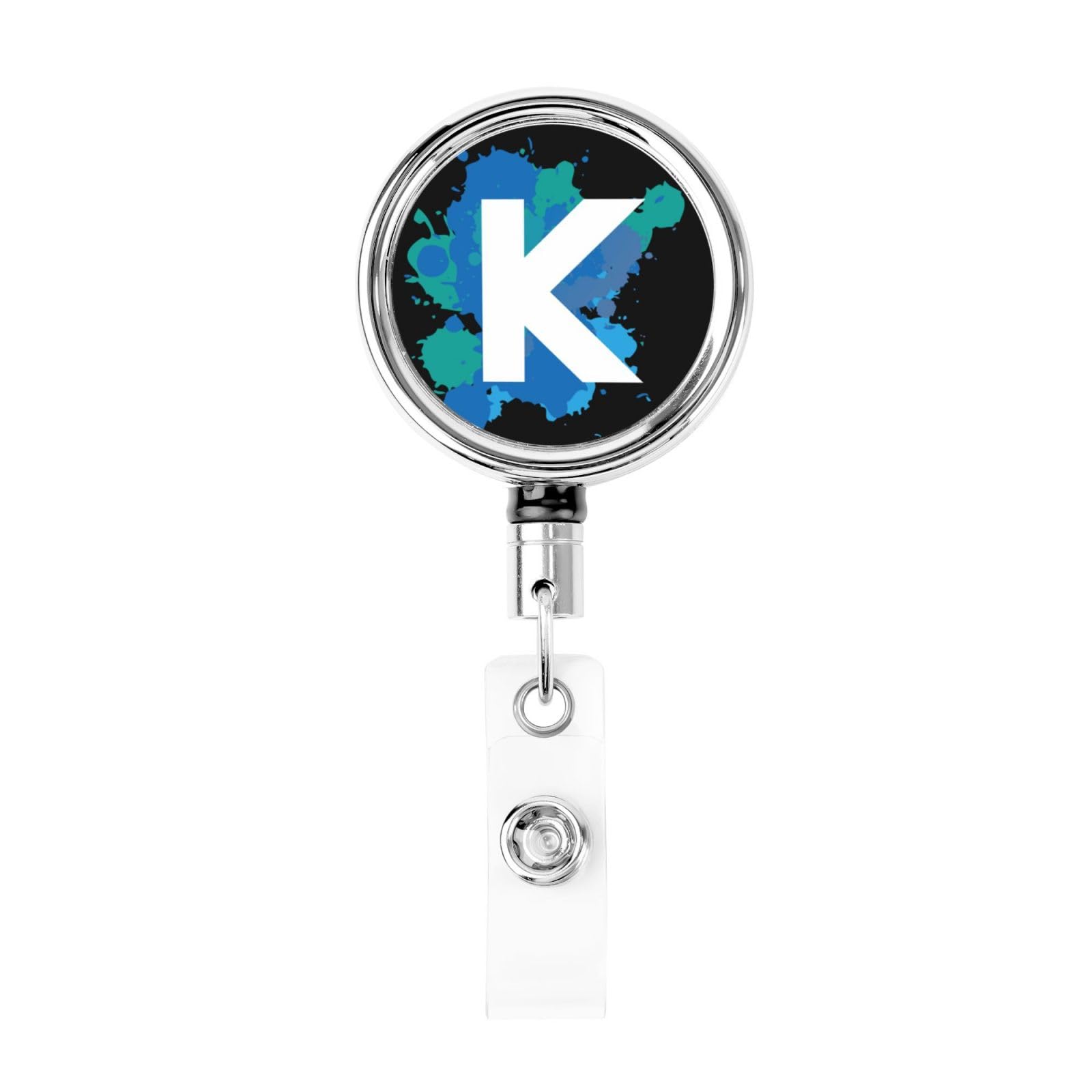 Initial Retractable Badge Holder, Colorful Badge Key Chain with Belt Clip, Metal ID Card Holder with Badge Reel for Nurse, Volunteer, Teacher, Student, Office, Splatter Letter K