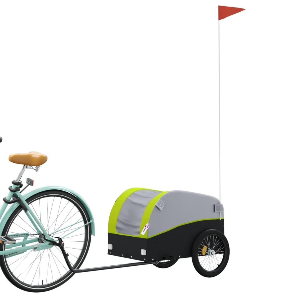 Przyczepa rowerowa z żelaza, czarna, zielona, z flagą bezpieczeństwa, udźwig 30 kg, 123 x 52 x 53 cm, składana i składana, do ładunków, dzieci, psów, aktywności na świeżym powietrzu, zakupów