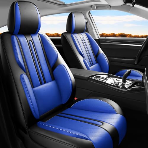 Image of Fit Acadia Car Seat Covers (Only Front 2 Seats) Compatible with GMC Acadia 2007-2024 2025 2026 - Full Coverage Breathable Leather,Airbag Compatible,Waterproof & All-Weather,Black-Blue