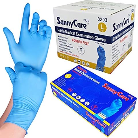SunnyCare 1000 8203 Blue Nitrile Medical Exam Gloves Powder Free Chemo-Rated (Non Vinyl Latex) 100/box;10boxes/case Size: Large Cover