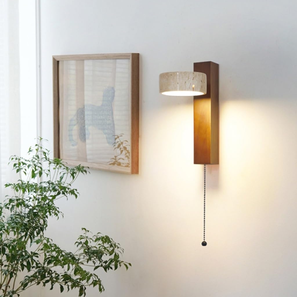 YUPIN Natural Travertine Wall Lamp Wabi-sabi Bedside Stone Wall Light with Pull Cord Switch LED Creative Lampshade 180° Adjustable Wooden Wall Sconce for Bedroom Living Room Corridor(Walnut,B)
