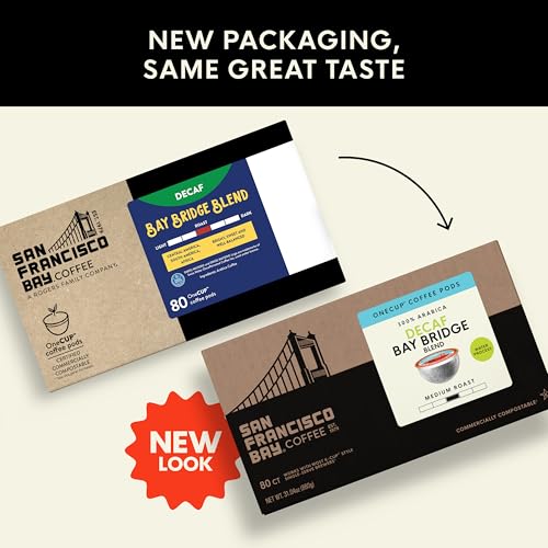 Image of San Francisco Bay Decaf K-Cup Coffee Pods, Decaf Bay Bridge Blend (80 ct), Medium Roast, Commercially Compostable Single-Serve Coffee Pods, Swiss Water Process