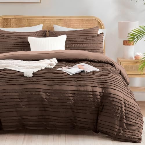 Image of NEXHOME PRO Duvet Cover Full,3 Pieces Boho Tufted Duvet Cover Set, Soft and Lightweight 100% Washed Microfiber Comforter Cover Set for All Season(Dark Brown,80 x 90)-No Comforter