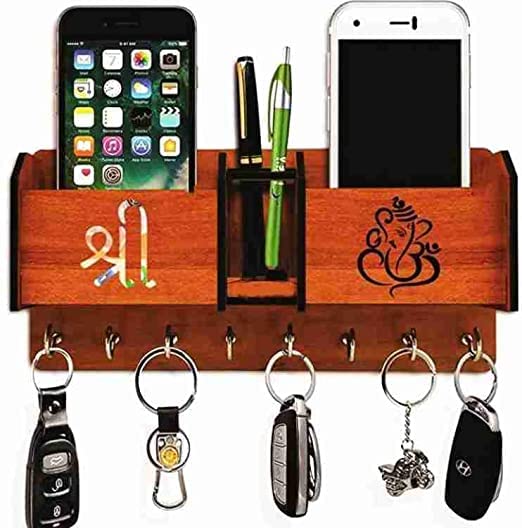 RHT MDF Wooden Wall Mounted Designer Key Holder & Mobile Storage Box | Holder | Pen Stand for Decor Home | 8 Stainless Steel Hooks(Shree Ganesh Design) (B0BJBXQKF4) Amazon Price History, Amazon Price Tracker