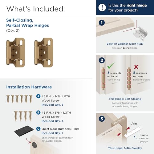 Image of Amerock 1 Pair 1 /4 inch Overlay Champagne Bronze Partial Wrap Cabinet Hinge | Self-Closing Steel Cabinet Hinge for Kitchen and Bathroom Cabinet Doors with a 1 /4 inch (6 mm) Overlay, Partial Wrap