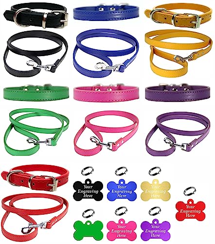 Set combinato con collare e guinzaglio in pelle vibrante, per cuccioli e cani di taglia piccola, media e grande, con targhetta colorata con incisione personalizzata (S (collo da 27 cm a 33 cm, oro)