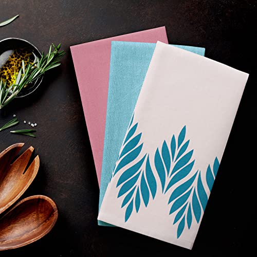 AmeliaHome Set of 3 Tea Towels Cotton Kitchen Towels 50 x 70 cm Leaves Pattern Letty Pink Turquoise, Leaves Pink Turquoise - Image 4
