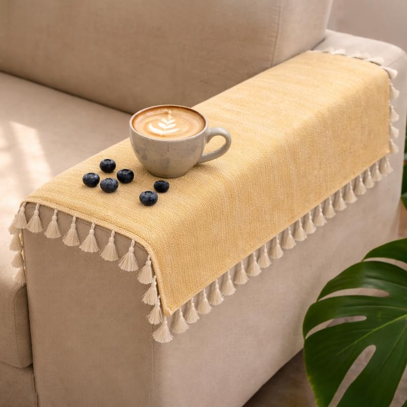 Image of STITCHNEST Premium Woven Fabric Sofa Arm Cover with Tassels | Elegant Hand Rest Protector | Durable & Stylish | 18 x 22 Inches