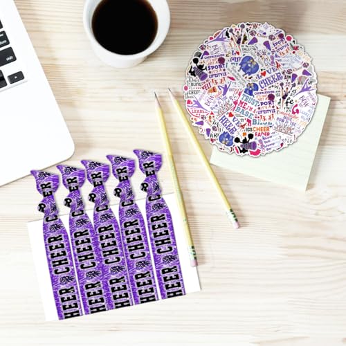 Cheerleading Drawstring Bag Set Including Drawstring Sackpack Stickers Lanyard Keychains Bracelets Hair Ties 6 Pcs(Purple)4