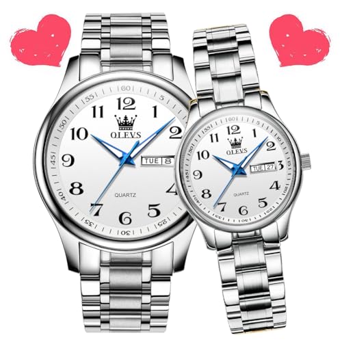 Product Image of the OLEVS His and Her Couple Watches Business Men Women Couple Set Pair White Watch Matching Romantic Quartz Stainless Steel Waterproof Date