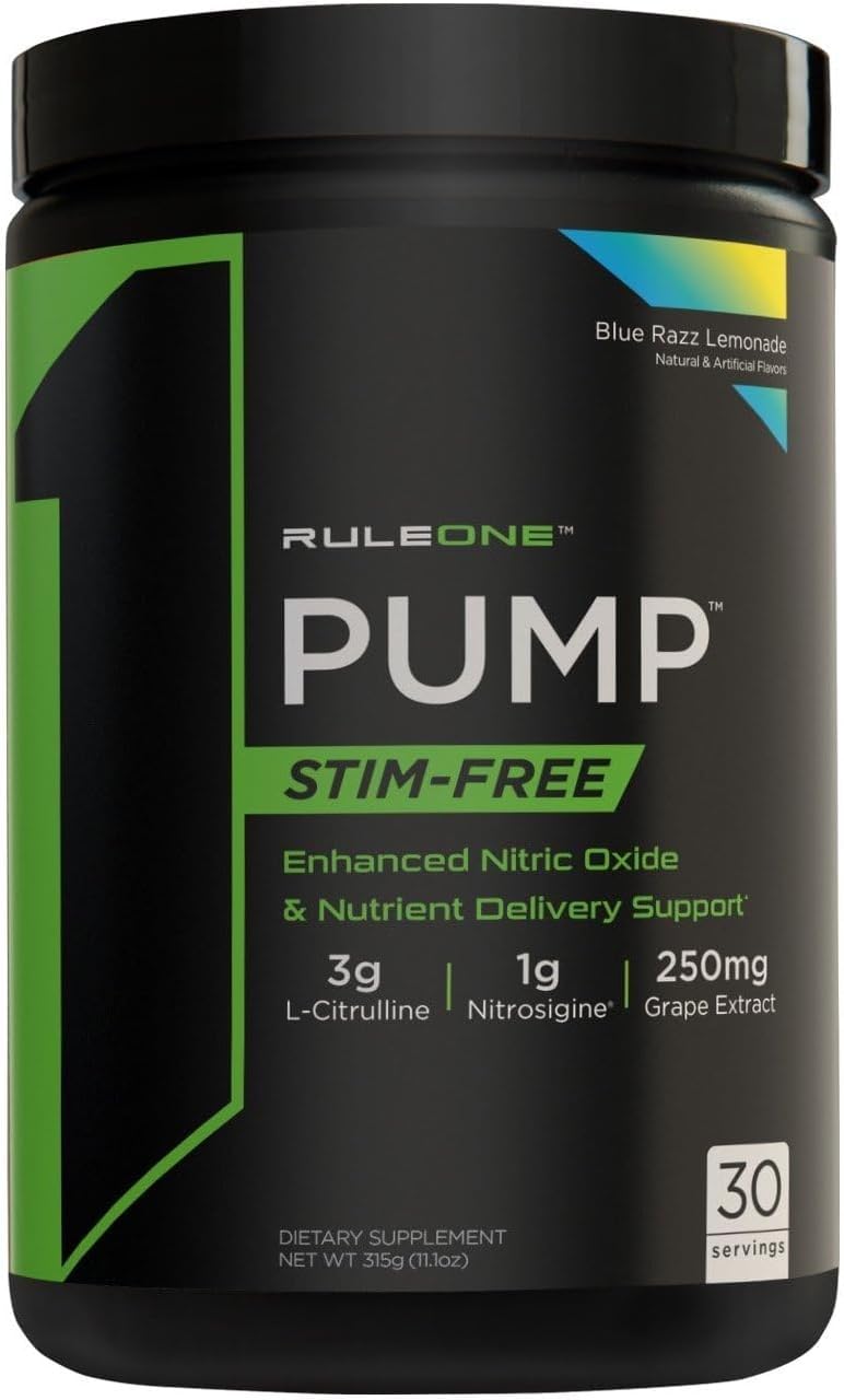 Rule1 1 Pump Stim-Free Enhanced Nitric Oxide and Nutrient Delivery Support | Dietary Supplement | Blue Razz Lemonade | 30 Servings
