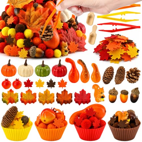 230 Pcs Fall Pumpkin Sensory Bin Items Maple Leaf Pumpkin Counting Sorting Fall Sensory Bin Filler Fine Motor Pumpkin Squirrel Pinecone Counts for Autumn Counting Sorting