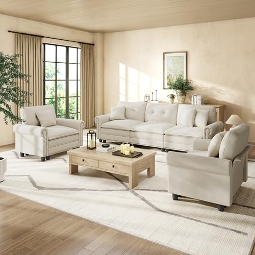 Image of HERA'S HOUSE Modular Sectional Sofa and Chair Set for Living Room 3-Piece | Mid-Century Modern 5-Seater Cloud Sofa Set, Beige, Rolled Arms & Nailhead Trim, Wider & Deeper Seats, Linen Furniture Set