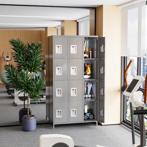 Image of Aobabo 12 Doors Metal Storage Locker for Employees, Storage Locker with 12 Hooks for School Office Gym Bedroom, Grey, Assembly Required