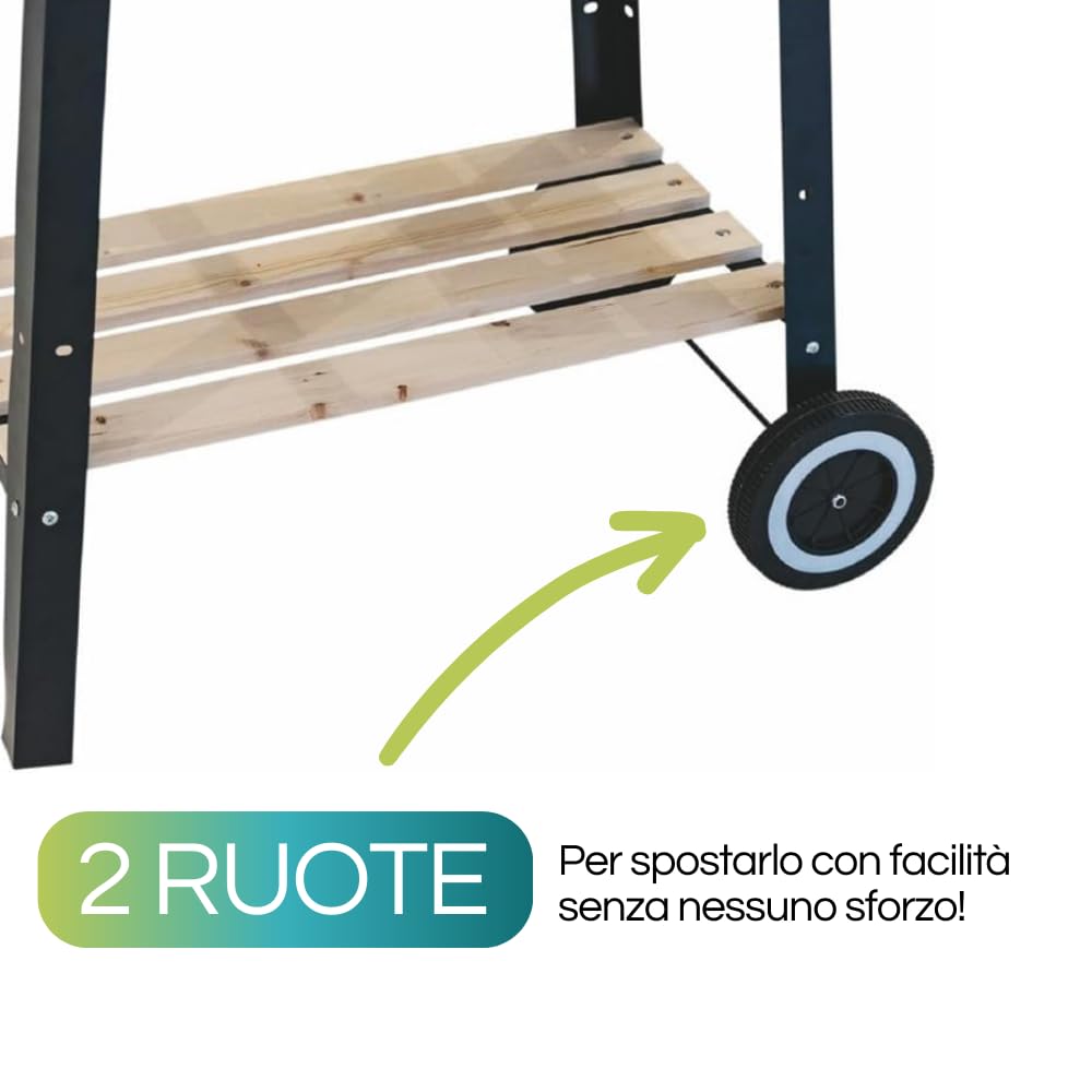 Virsus Barbecue a Carbonella in metallo, misura 53x33x85 cm, Grill portatile con 2 Ripiani in legno e griglia regolabile, Barbecue portatile con manico in legno e ruote per esterno 9754C