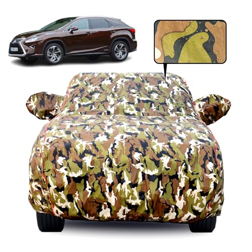 Image of Waterproof Car Body Cover for Mitsubishi Lexus 450 with Mirror Pocket, Soft Cotton Lining, Triple Stitched, Full Bottom Elastic (Heat Resistant Jungle Print with Red Piping)