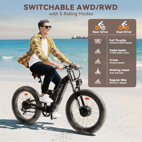 Image of FREESKY Dual Motor 40MPH 120Mile 240NM LG Cells Electric Bike for Adults | 4000W 48V30Ah AWD Mountain Ebike,26 inch Fat Tire,Full Suspension,Hydraulic Brakes,UL2849 by TUV,Off-Road & Commuter & Hunting
