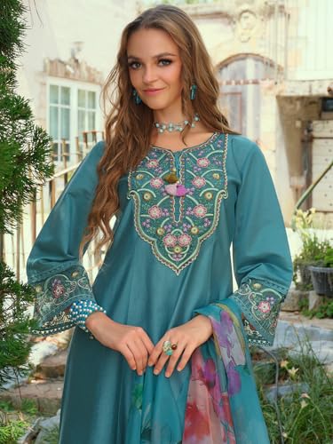 Image of INDO ERA Women's A-Line Cotton Blend Floral Embroidered Kurta & Pant With Dupatta Set (IEOUT11375)