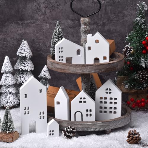Ovootok Wooden House Shaped Decor, Christmas Rustic Wooden Cottage Tabletop Block Sign Jesus Farmhouse Minimal House Ornament MDF Board Tiered Tray Decoration for Home Shelf Desk Office (White)