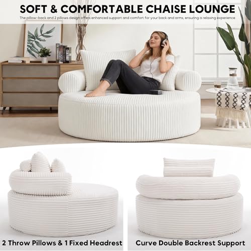 Image of Oversized Round Chair Lounge Chaise Indoor, 55.5 inch Upholstered Corduroy Deep Seat Single Cloud Sofa Chair, Fluffy Modern Large Circle Boneless Sleeper Sofa for Living Room, Bedroom, Beige White