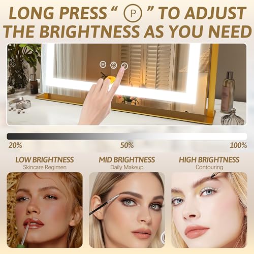 Image of ROLOVE Vanity Mirror with Lights 22 inchx18 inch, Lighted Makeup Mirror with 10X Magnification, Smart Touch 3 Colors Dimmable, 360 Rotation, Women Gift, Dresser Mount, Bathroom (Gold)