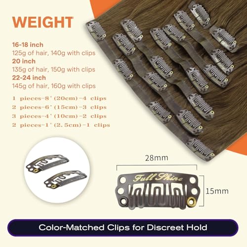 Image of Full Shine Seamless Clip in Human Hair Extensions, Medium Brown (Color 4), Invisible PU Weft, Dense Volume Coverage for Medium to Thick Hair, 22 Inch 160g 8 Pcs