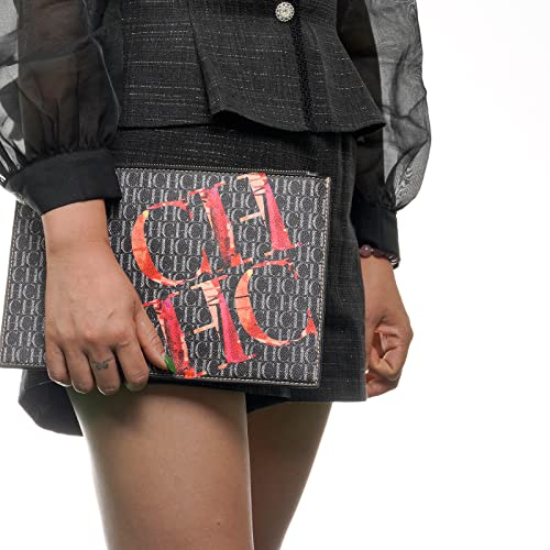 محفظة يد صغيرة من الجلد للنساء من سي اتش سي اتش بتصميم ناعم مع حزام وسحاب ذهبي (اسود)