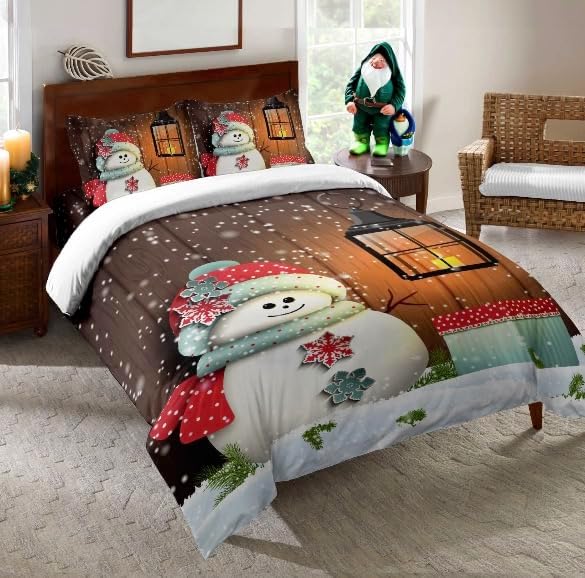 Christmas Comforter Sets Queen Size,Snowman with Santa Hat 3 Piece Kids Snowflake Bedding Sets with 2 Pillow Shams Bedroom Decorative Queen Red Brown