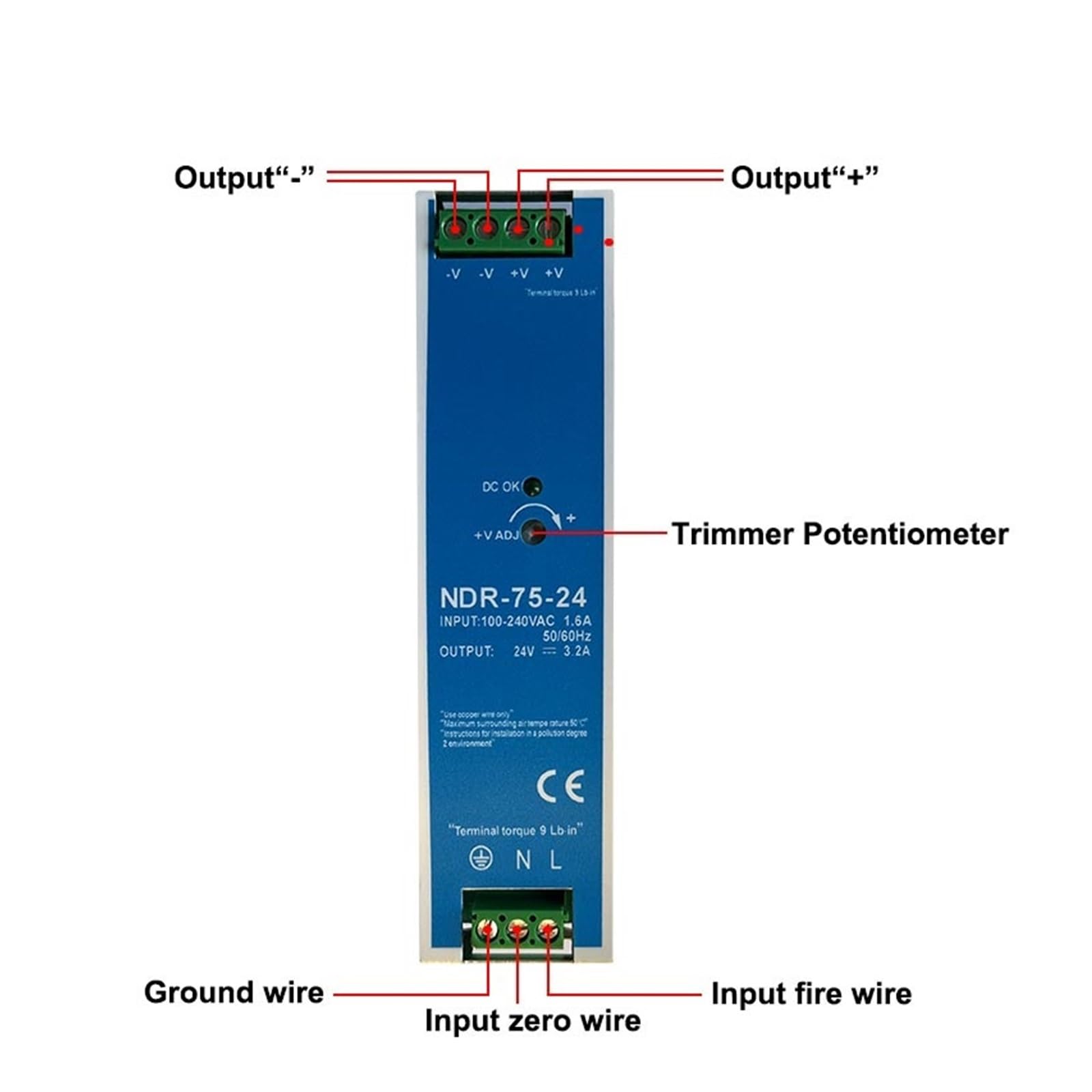 Alimentation à découpage sur Rail DIN Alimentation à découpage Industrielle CA/CC 12 V 24 V 48 V NDR75W montée sur Rail DIN, Sortie Simple(NDR-75W-24V 3.2A)