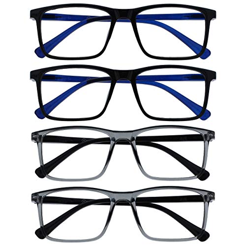 OPULIZE Ink Gafas de Lectura Pack de 4 Montura Grande Cuadrada Negra Varillas Azules Gris Transparente Bisagras con Muelle Resistente a los Arañazos Unisex RRRR4-1177 +1.00