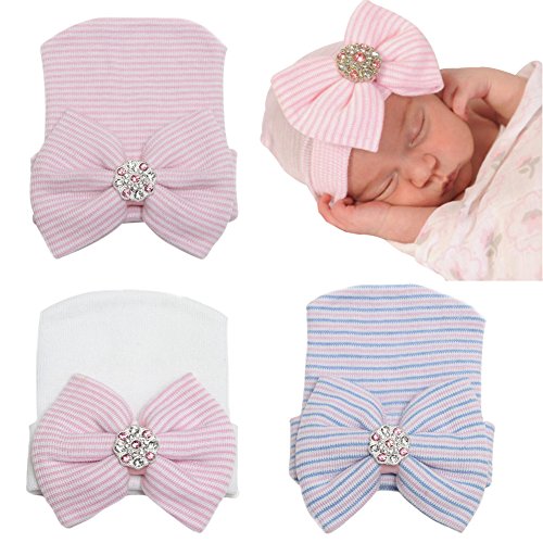 Image of DRESHOW BQUBO Newborn Hospital Hat Infant Baby Hat Cap with Big Bow Soft Cute Knot Nursery Beanie